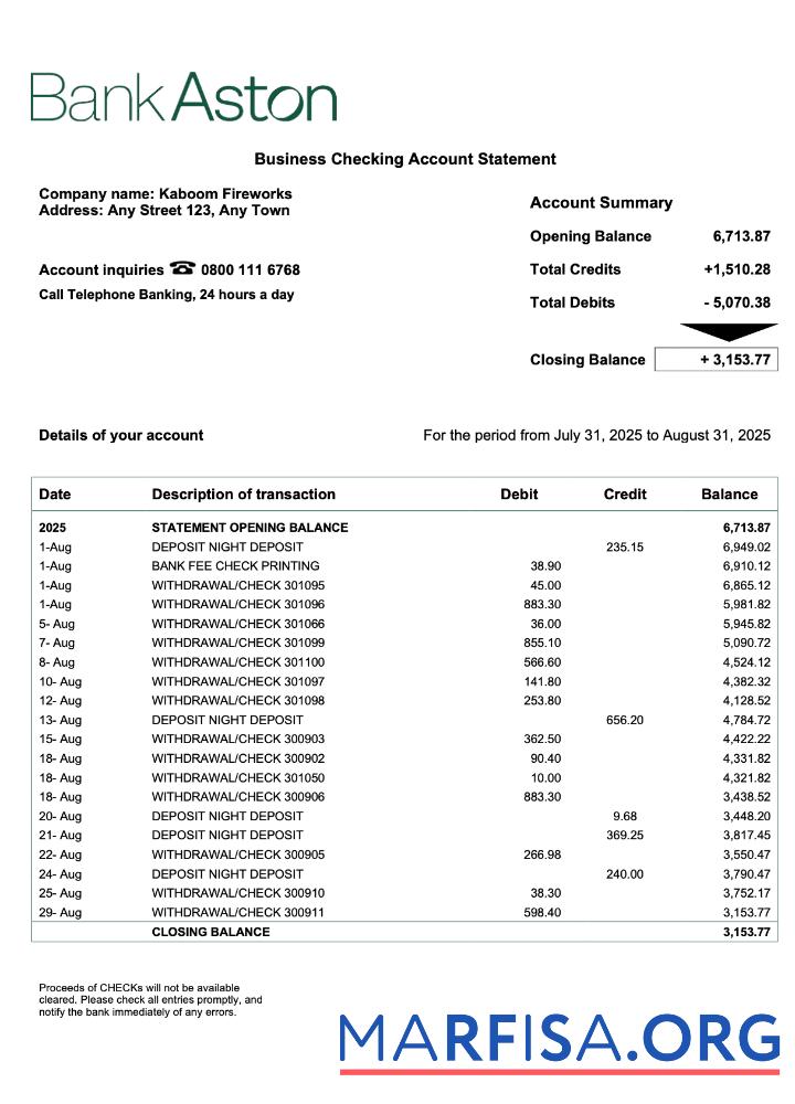 Printable United Kingdom Bank of Aston corporate account statement Word and PDF template